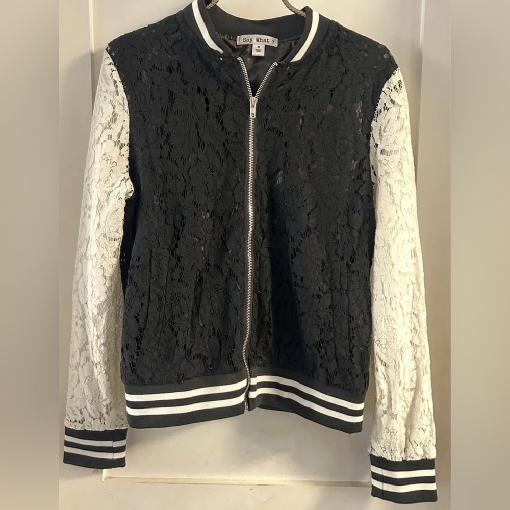 Say What Women Girl Varsity Jacket Black White Lace Zip Front Long Stripe Medium